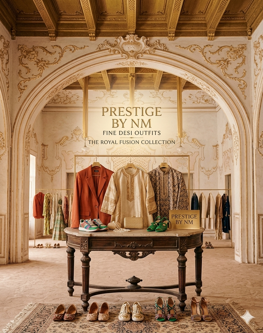 Home A promotional fashion display for "Prestige by NM" inside a grand, ornate palace room with gold-embellished arches. In the center, a vintage wooden table showcases a curated outfit selection: an rust-orange blazer, an ivory embroidered tunic (kurta), and a patterned brown sherwani-style top on hangers. The table also displays colorful sneakers, green strappy heels, and a gold clutch. Additional traditional clothing hangs on racks in the background, and multiple pairs of shoes are lined up on an intricate rug in the foreground.