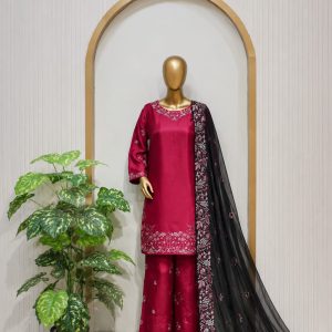 Home Maroon embroidered 3-piece stitched suit with a black embroidered chiffon dupatta and matching plazzo