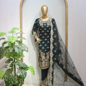 Home Embroidered raw silk 3 piece suit with zari and sequin work, Russian silk trousers and net dupatta